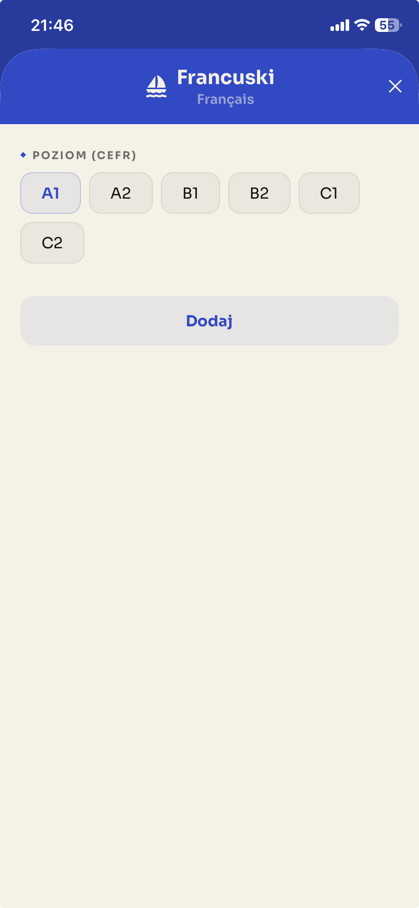 Wybór poziomu przy dodawaniu języka
