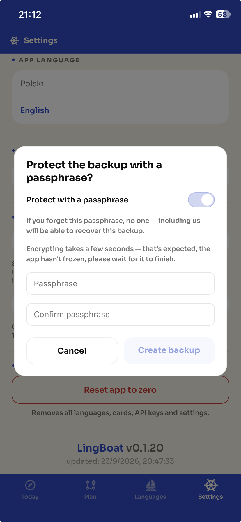 Export modal with password toggle