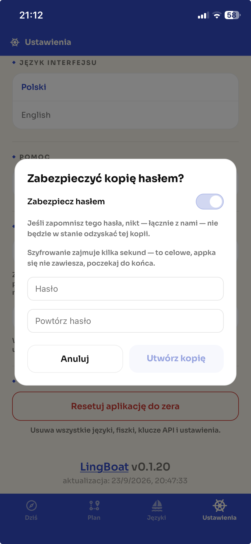 Modal eksportu z przełącznikiem hasła
