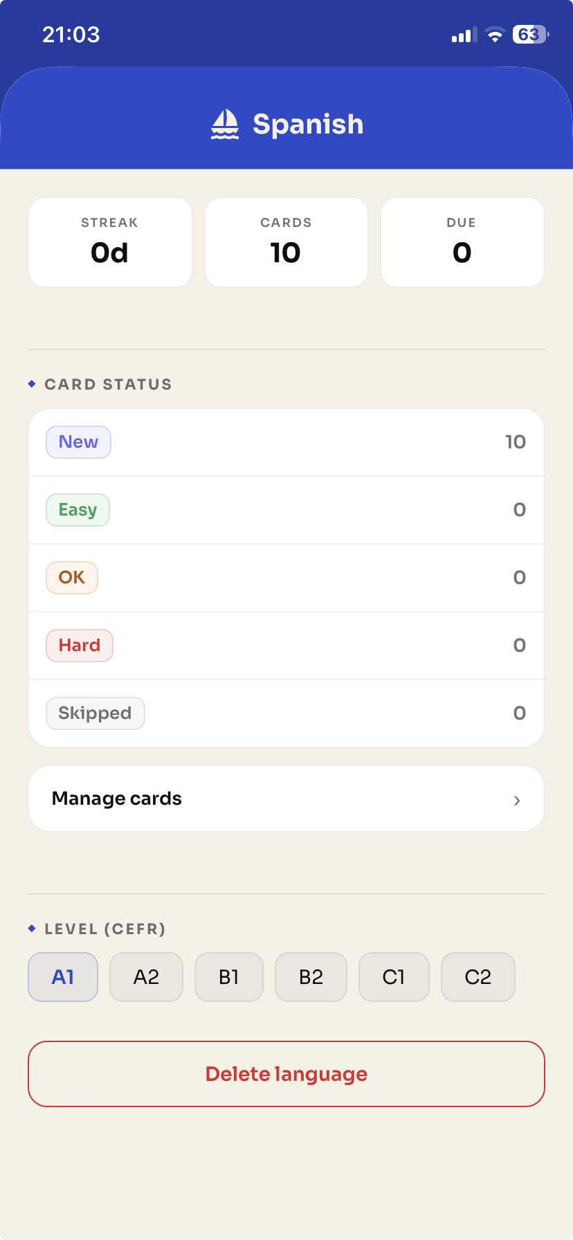 Language details screen