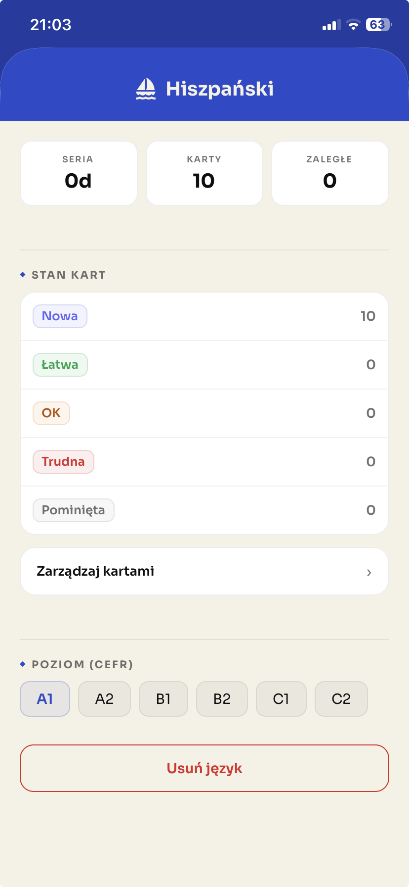 Ekran szczegółów języka
