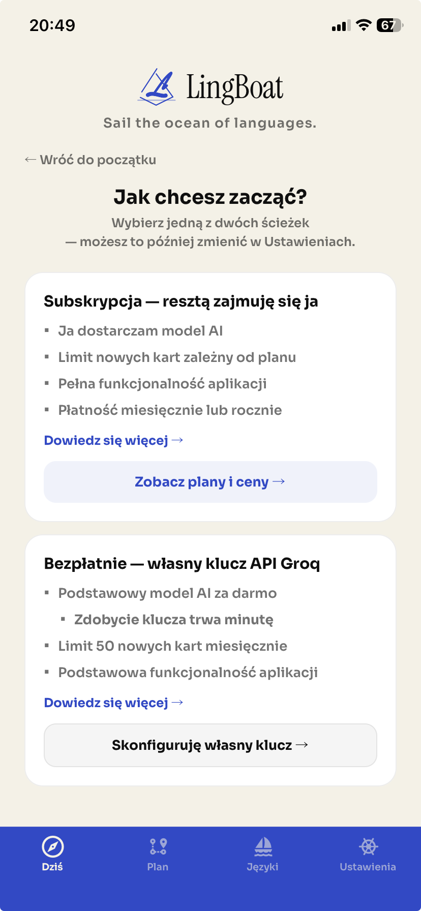 Ekran wyboru ścieżki (subskrypcja / BYOK)
