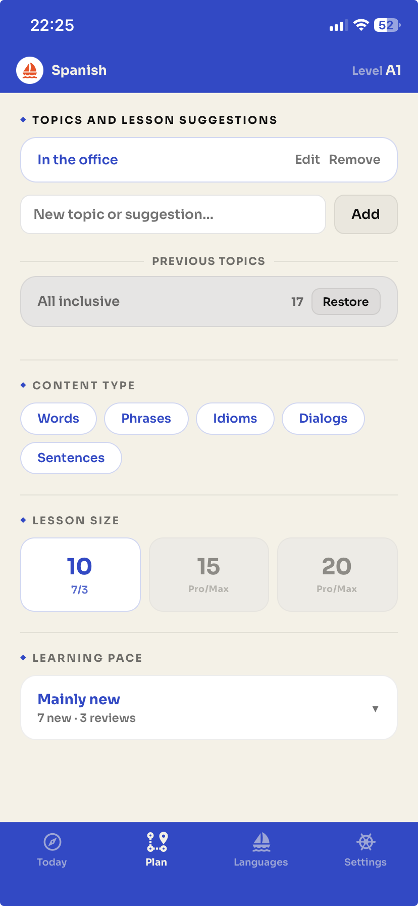 Previous topics with a Restore button