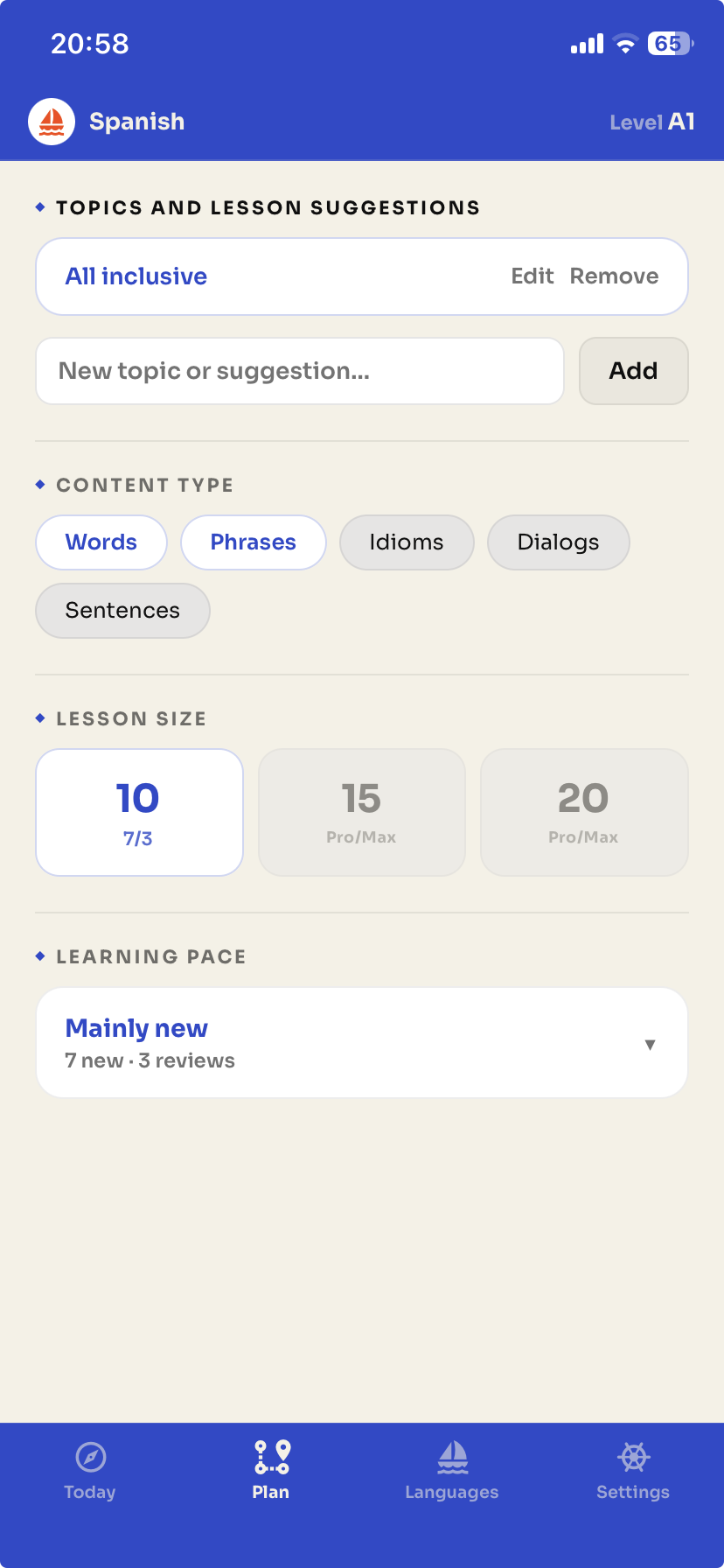 Plan screen