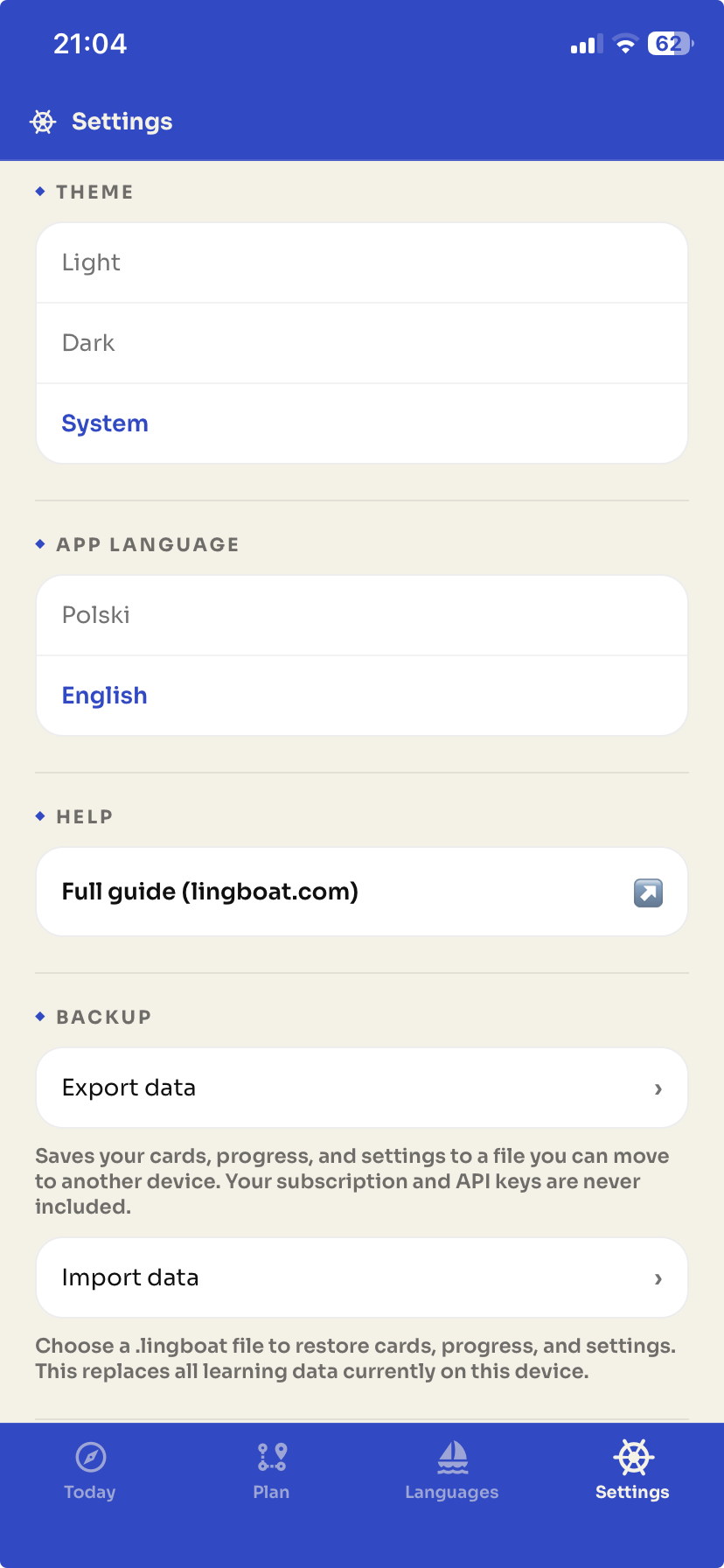 Backup section in Settings