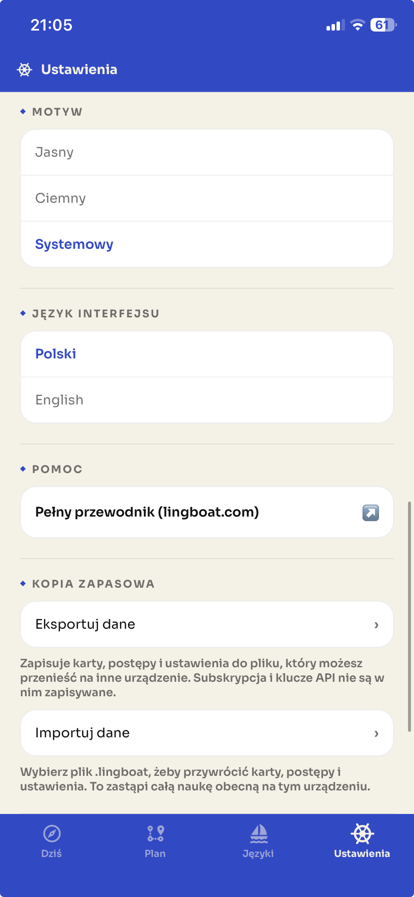 Sekcja Kopia zapasowa w Ustawieniach