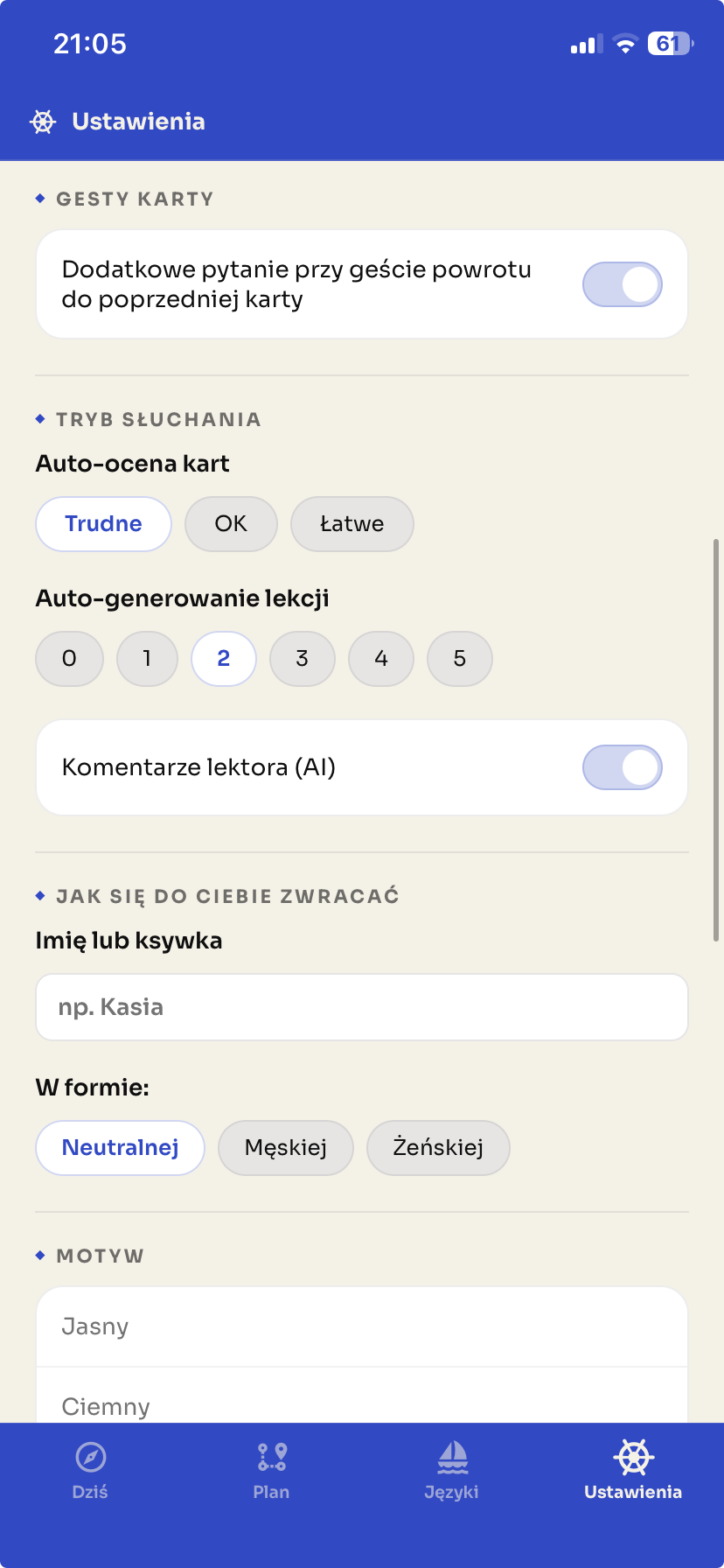 Sekcja Gesty karty w Ustawieniach