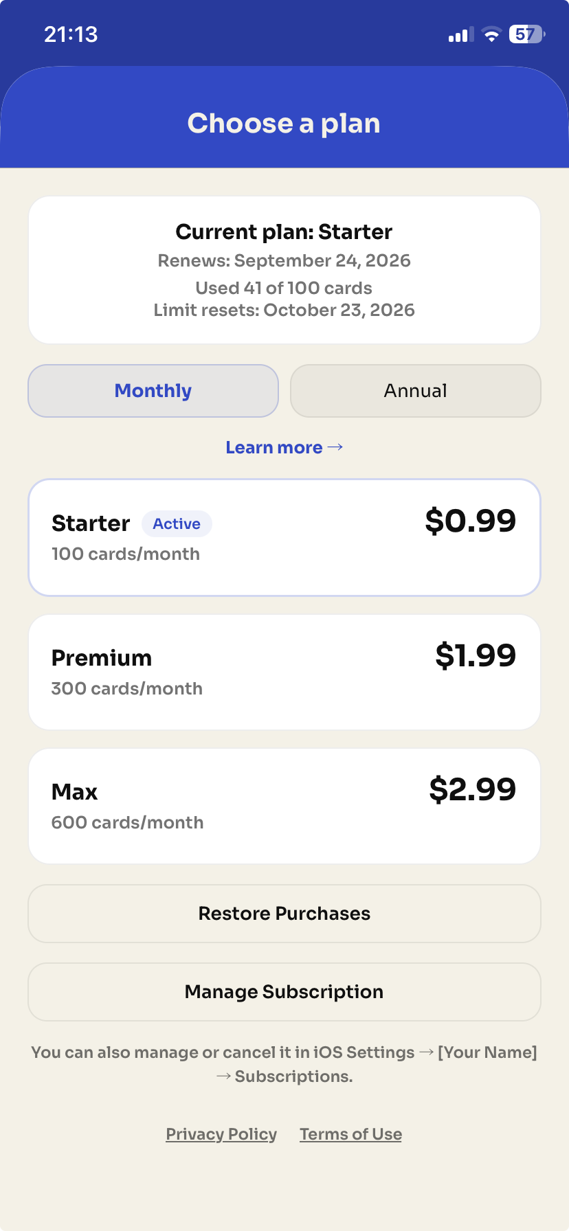 Subscription screen